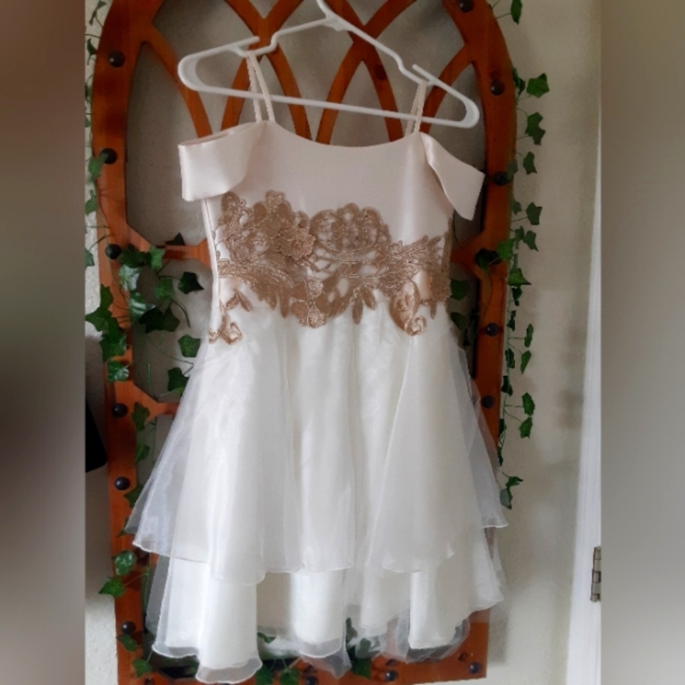 Zoë LTD white layered off the shoulder children's dress with gold lace detailing
